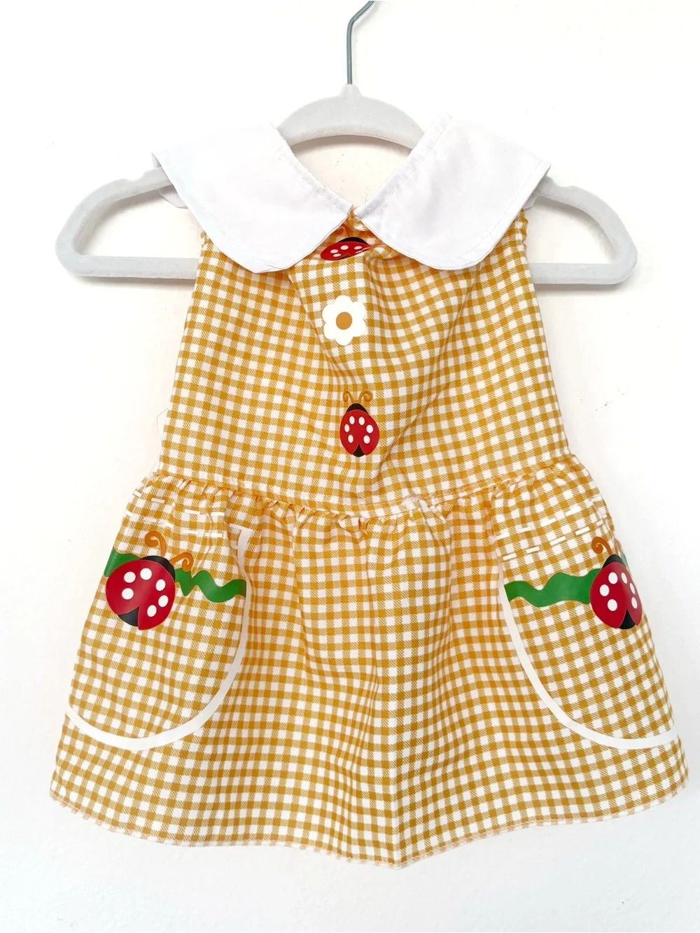 Yellow Gingham Pet Dress with White Collar and Ladybug Pockets